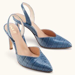 Inez "Comfortable Heels" Diana pump in Azul Croco, Size 8.5m